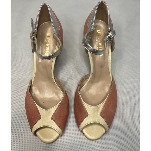 Les Venues Italy Peep Toe Leather Heel Pumps Ankle Strap Brown Silver Size 38.5 - Picture 3 of 8